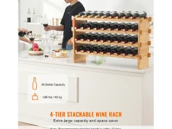 Acessórios De Arrumação|Acessório Vinho E Bar*Suporte para Vinhos, SucceBuy Suporte para Vinhos Empilhável de 4 Níveis para 36 Garrafas, Prateleira de Madeira de Bambú Natural