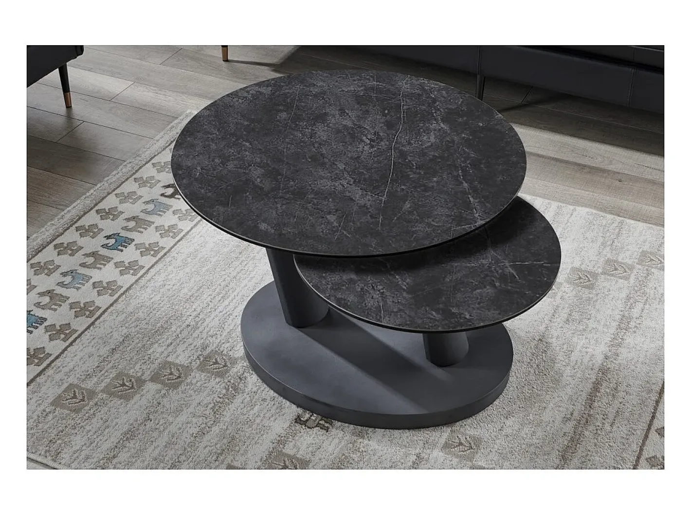 Table baixa VIRELLO – Mesa de centro redonda Ø80 cm – Pedra natural cinza escura & metal – Design contemporâneo e robusto^Meublorama Sale