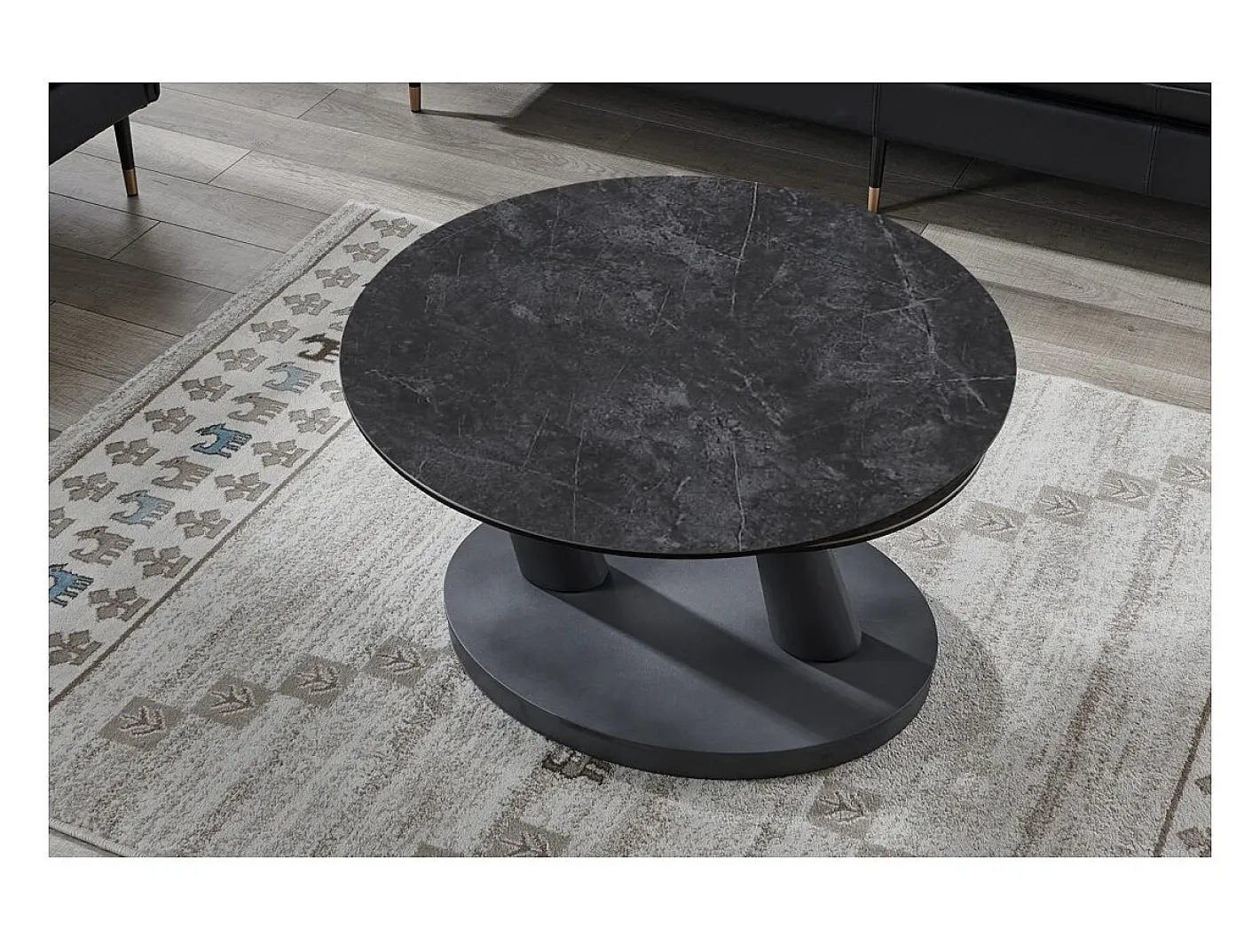 Table baixa VIRELLO – Mesa de centro redonda Ø80 cm – Pedra natural cinza escura & metal – Design contemporâneo e robusto^Meublorama Sale