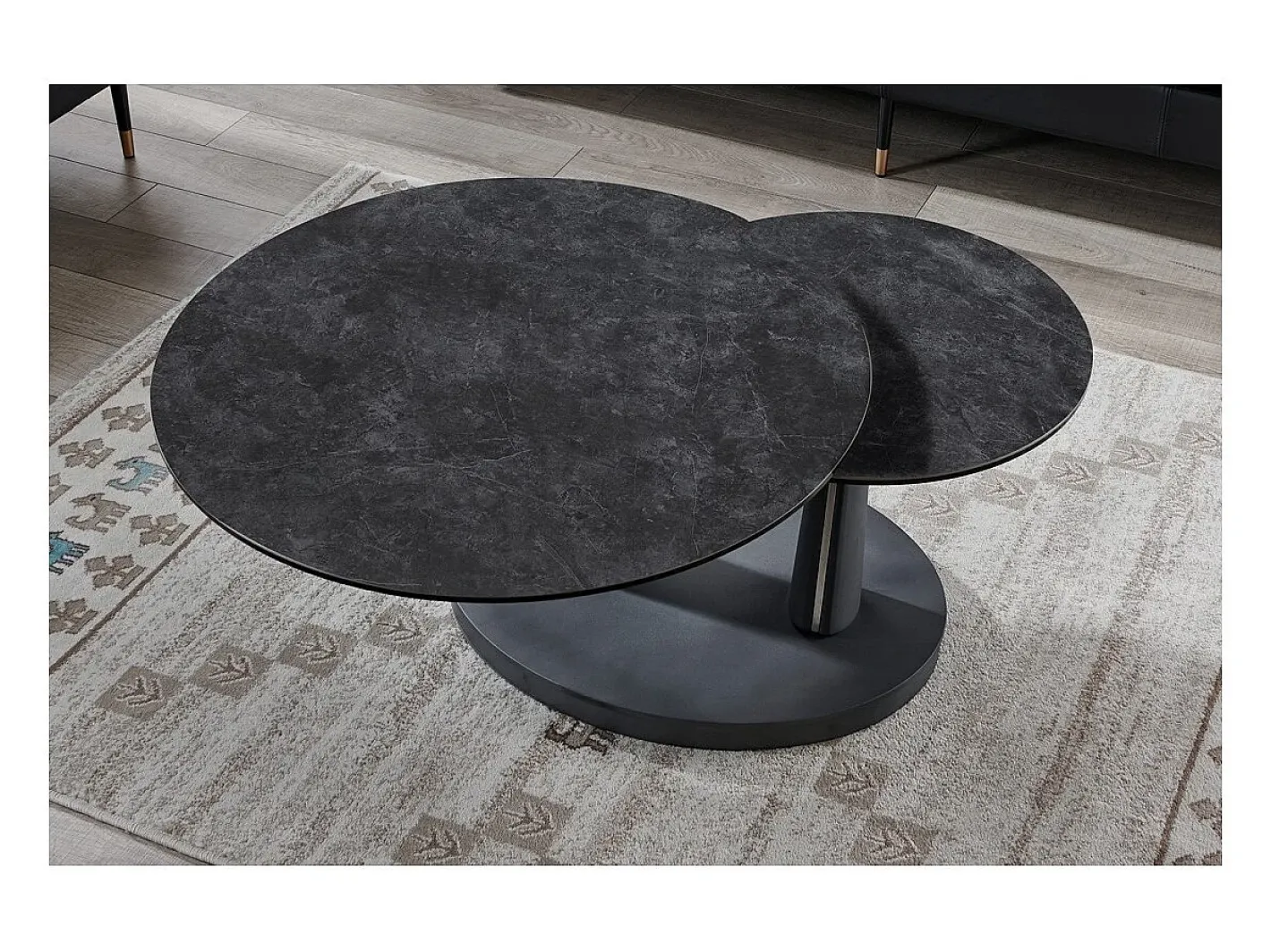 Table baixa VIRELLO – Mesa de centro redonda Ø80 cm – Pedra natural cinza escura & metal – Design contemporâneo e robusto^Meublorama Sale