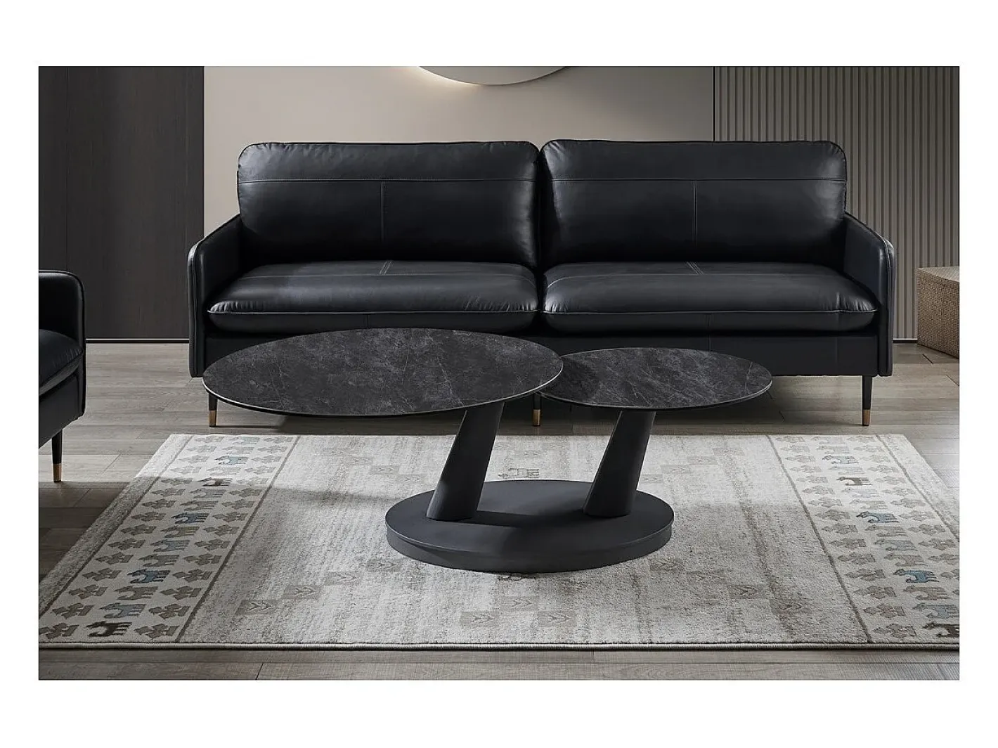 Table baixa VIRELLO – Mesa de centro redonda Ø80 cm – Pedra natural cinza escura & metal – Design contemporâneo e robusto^Meublorama Sale
