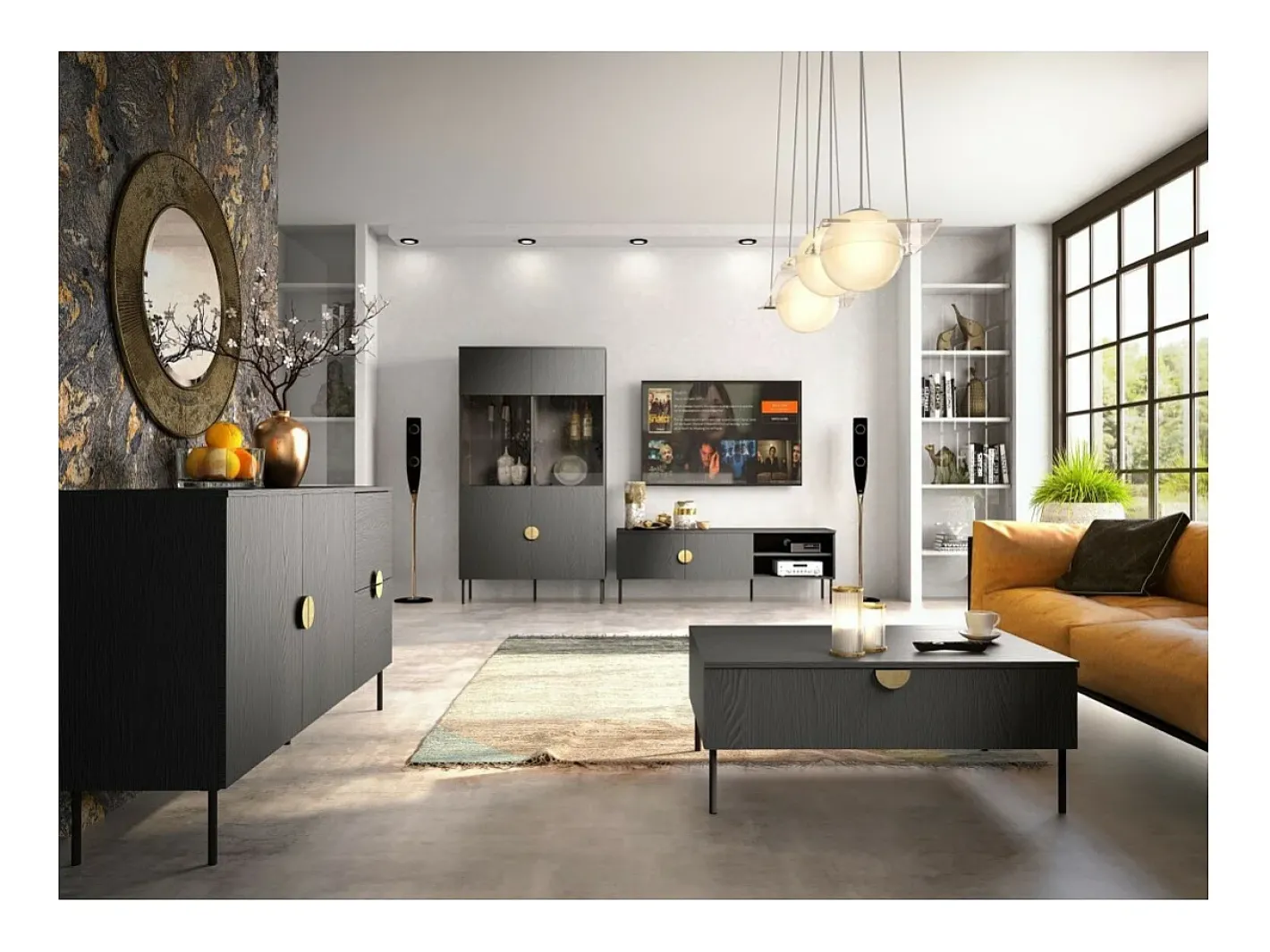 Table basse noire et poignée dorée avec clapet - Collection MONDO Mesa De Centro