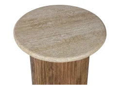 Table de centro MAELORA – Mesa de centro redonda Ø50 cm – Madeira de mangueira & travertino – Design natural e elegante*Meublorama Outlet