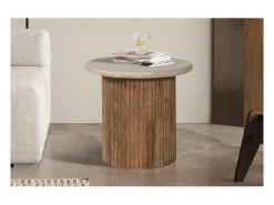 Table de centro MAELORA – Mesa de centro redonda Ø50 cm – Madeira de mangueira & travertino – Design natural e elegante*Meublorama Outlet