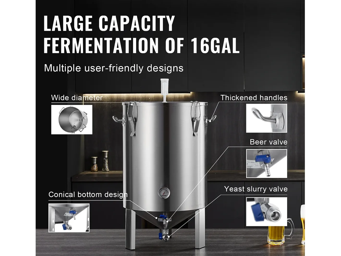 Tanque de Fermentação, SucceBuy Kit de Tanque de Fermentação Caseira de Aço Inoxidável de 60 L com Fermentador de Cerveja^ Best
