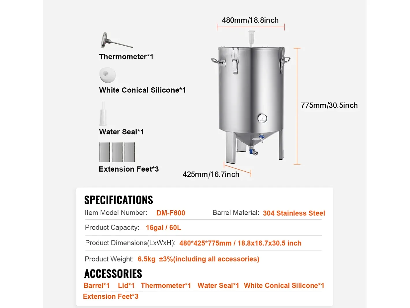 Tanque de Fermentação, SucceBuy Kit de Tanque de Fermentação Caseira de Aço Inoxidável de 60 L com Fermentador de Cerveja^ Best