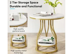 Hot Tábua de apoio redonda em ouro com dois níveis, Mesa de cabeceira moderna, Pequena tábua de apoio com prateleira de armazenamento Mesa De Apoio