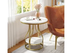 Hot Tábua de apoio redonda em ouro com dois níveis, Mesa de cabeceira moderna, Pequena tábua de apoio com prateleira de armazenamento Mesa De Apoio