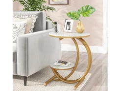 Tribesigns Mesa De Apoio*Tábua de apoio Redonda Moderna de 2 níveis com estrutura em forma de C, Pequena tábua de apoio Baixa, /dourado (1) Branco