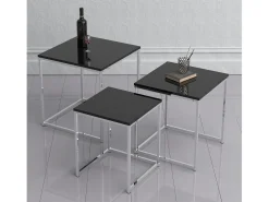 3 pcs Set Mesa lateral | Mesa de centro simples | Mesa de sofá de metal e MDF | Mesa de centro - Glisal (Preto) Mesa De Centro