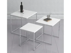 3 pcs Set Mesa lateral | Mesa de centro simples | Mesa de sofá de metal e MDF | Mesa de centro - Glisal (Branco)*VCM Clearance