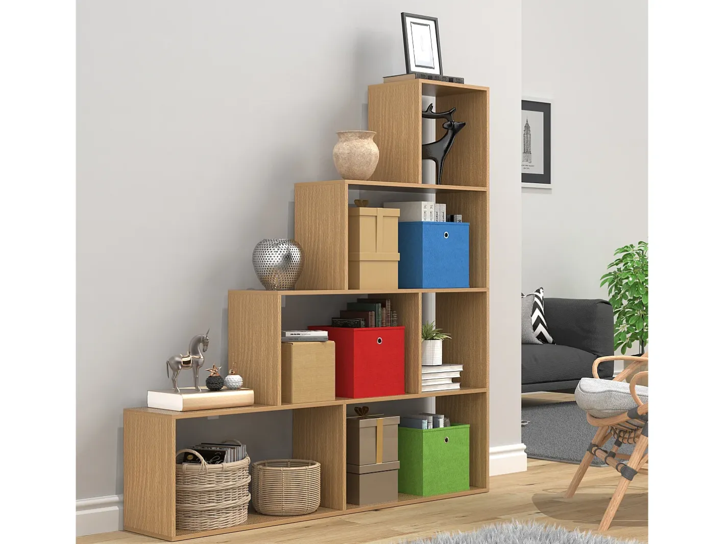 Wood Stand Stair Shelf Stepped Shelf Shelf Room Divider Bookshelf Dubila L (Beech)^VCM Sale