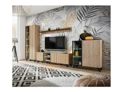 Vitrina alta de design com 2 portas e iluminação LED integrada, coleção NIELSEN. Cores em carvalho claro e preto.^Meublorama