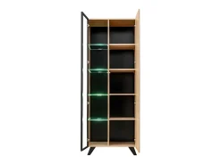 Vitrina alta de design com 2 portas e iluminação LED integrada, coleção NIELSEN. Cores em carvalho claro e preto.^Meublorama