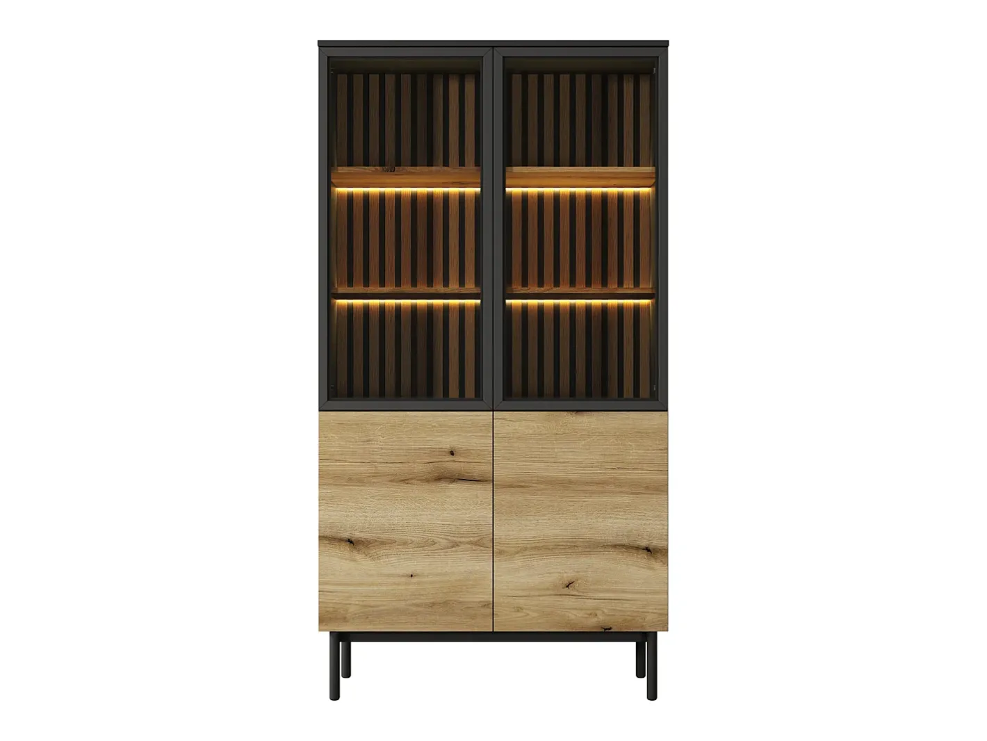 Vente-unique Vitrina*Vitrina com 4 portas e com LEDs cor natural e preto - LABENIA Preto / Natural claro