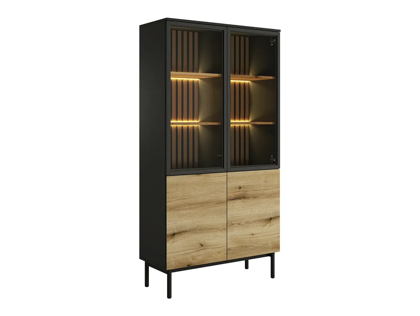 Vente-unique Vitrina*Vitrina com 4 portas e com LEDs cor natural e preto - LABENIA Preto / Natural claro