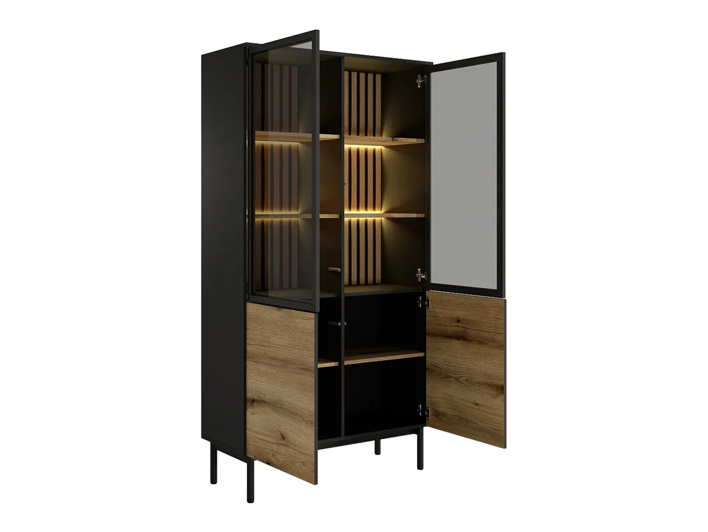 Vente-unique Vitrina*Vitrina com 4 portas e com LEDs cor natural e preto - LABENIA Preto / Natural claro