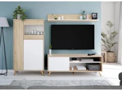Vitrina Daceved, Vitrina moderna com 3 portas, Aparador para sala ou lounge, Aparador alto com prateleiras, 77x33h142 cm, Carvalho e Branco^Dmora Sale