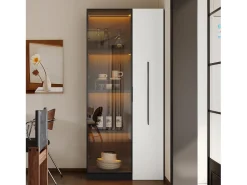 Clearance Vitrina móvel 70x40x160 cm - Estante de livros - Iluminação LED - 1 porta de vidro e 1 gaveta - con rodas - MDF - Preto e branco Vitrina