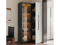 Clearance Vitrina móvel 70x40x160 cm - Estante de livros - Iluminação LED - 1 porta de vidro e 1 gaveta - con rodas - MDF - Preto e branco Vitrina