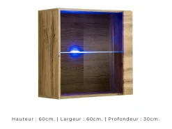 Vitrina quadrada suspensa na cor carvalho claro com 1 porta de vidro e iluminação LED inclusa. Coleção SWITCH.^Price Factory