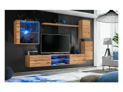Vitrina quadrada suspensa na cor carvalho claro com 1 porta de vidro e iluminação LED inclusa. Coleção SWITCH.^Price Factory