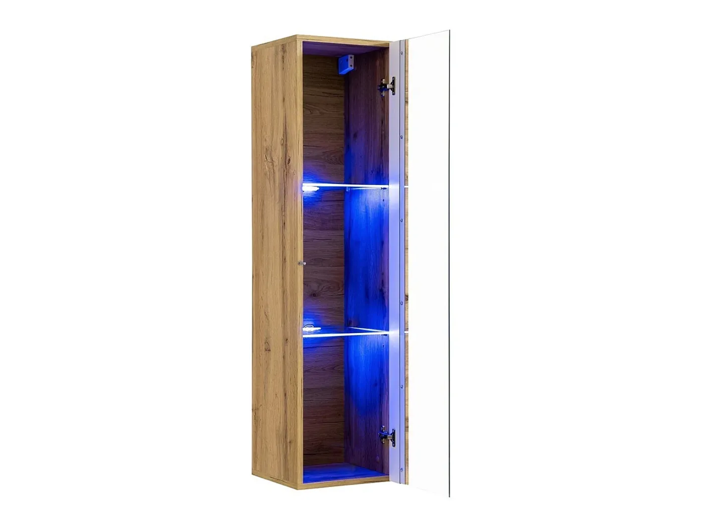 Vitrina suspensa na cor carvalho, modelo pequeno, com 1 porta de vidro e iluminação LED inclusa. Coleção SWITCH.^Price Factory