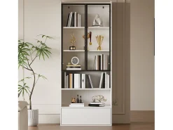 Vitrina 80x34x180 cm - con iluminação LED - 1 gaveta e 2 portas de vidro - prateleiras abertas - MDF -*ModernLuxe Outlet