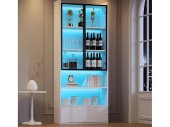 Vitrina 80x34x180 cm - con iluminação LED - 1 gaveta e 2 portas de vidro - prateleiras abertas - MDF -*ModernLuxe Outlet