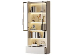 Vitrina 80x34x180 cm - con iluminação LED - 1 gaveta e 2 portas de vidro - prateleiras abertas - MDF -*ModernLuxe Outlet