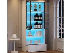 Vitrina 80x34x180 cm - con iluminação LED - 1 gaveta e 2 portas de vidro - prateleiras abertas - MDF -*ModernLuxe Outlet