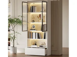 Vitrina 80x34x180 cm - con iluminação LED - 1 gaveta e 2 portas de vidro - prateleiras abertas - MDF -*ModernLuxe Outlet