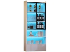 Vitrina 80x34x180 cm - con iluminação LED - 1 gaveta e 2 portas de vidro - prateleiras abertas - MDF -*ModernLuxe Outlet