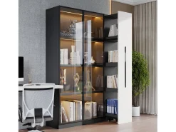 Vitrine 110,5×35×160 cm - 2 portas de vidro - 1 gaveta lateral - com iluminação LED - preto + branco^ModernLuxe Best