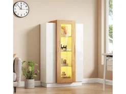 Online Vitrine 74×40×120 cm - com 3 portas - com iluminação LED - com prateleiras de vidro - + natural Vitrina