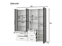New Vitrine 140×40×160 cm - com iluminação LED - 3 portas de vidro - 5 gavetas - Vitrina