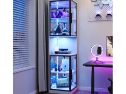 Vitrine 205 cm de altura - Iluminação LED - 4 portas de vidro - Fundo espelho - Armazenamento aberto - Painéis de partículas - Branc*ModernLuxe Online