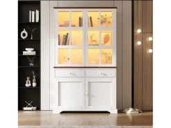 Vitrine alta de vidro - 120 x 36,5 x 200 cm - com 2 gavetas + 4 portas + LEDs - móvel para sala de estar - MDF - branca*Merax Outlet