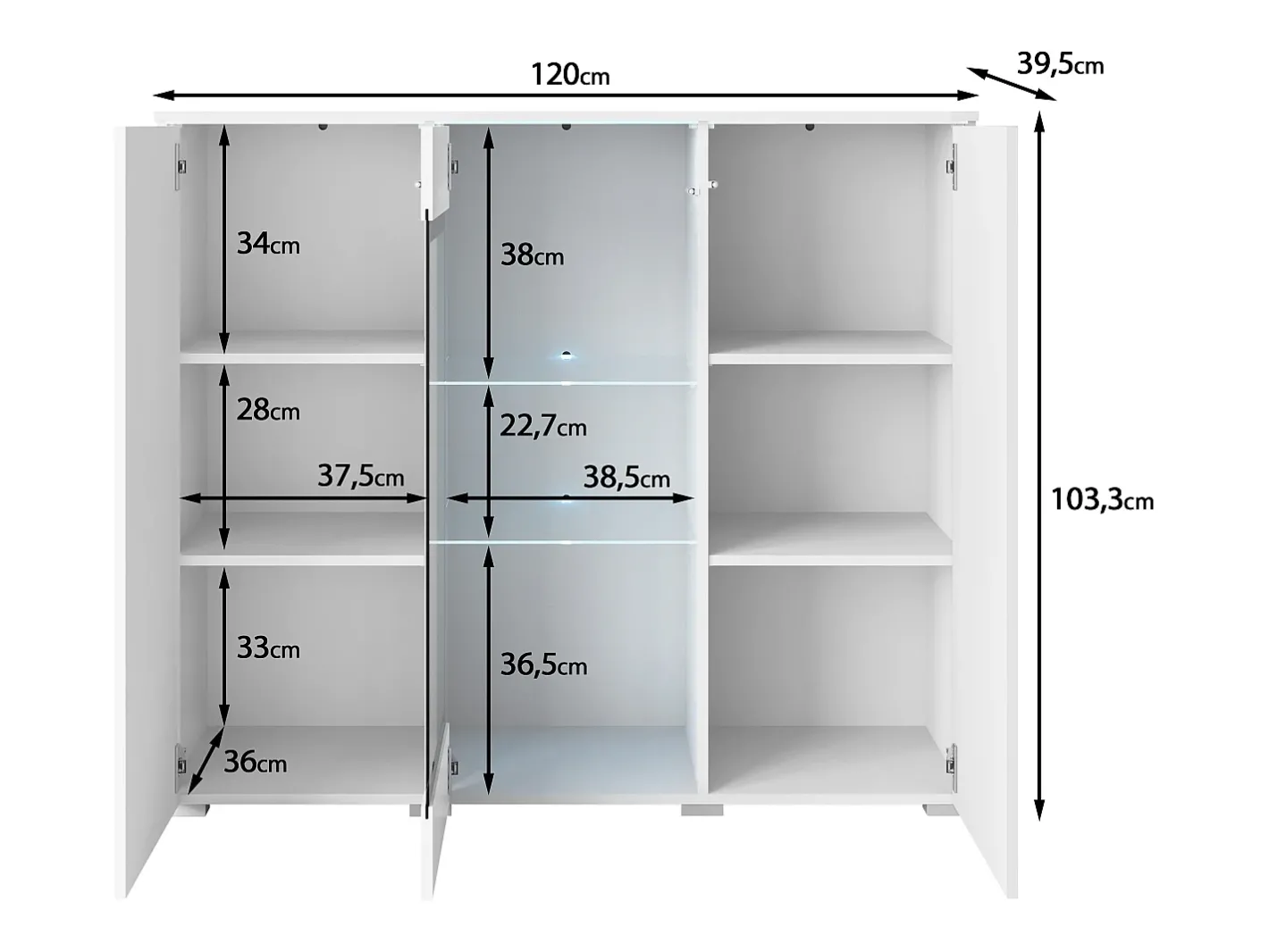 Vitrine alta moderna 120 cm para sala 3 portas corpo mate e frentes brilho Vitrina