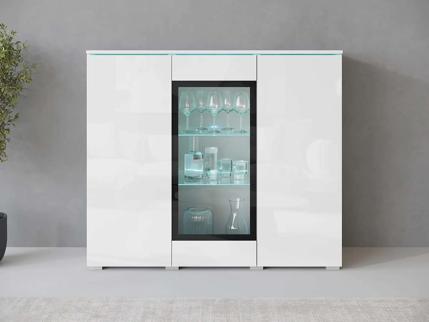 Vitrine alta moderna 120 cm para sala 3 portas corpo mate e frentes brilho Vitrina