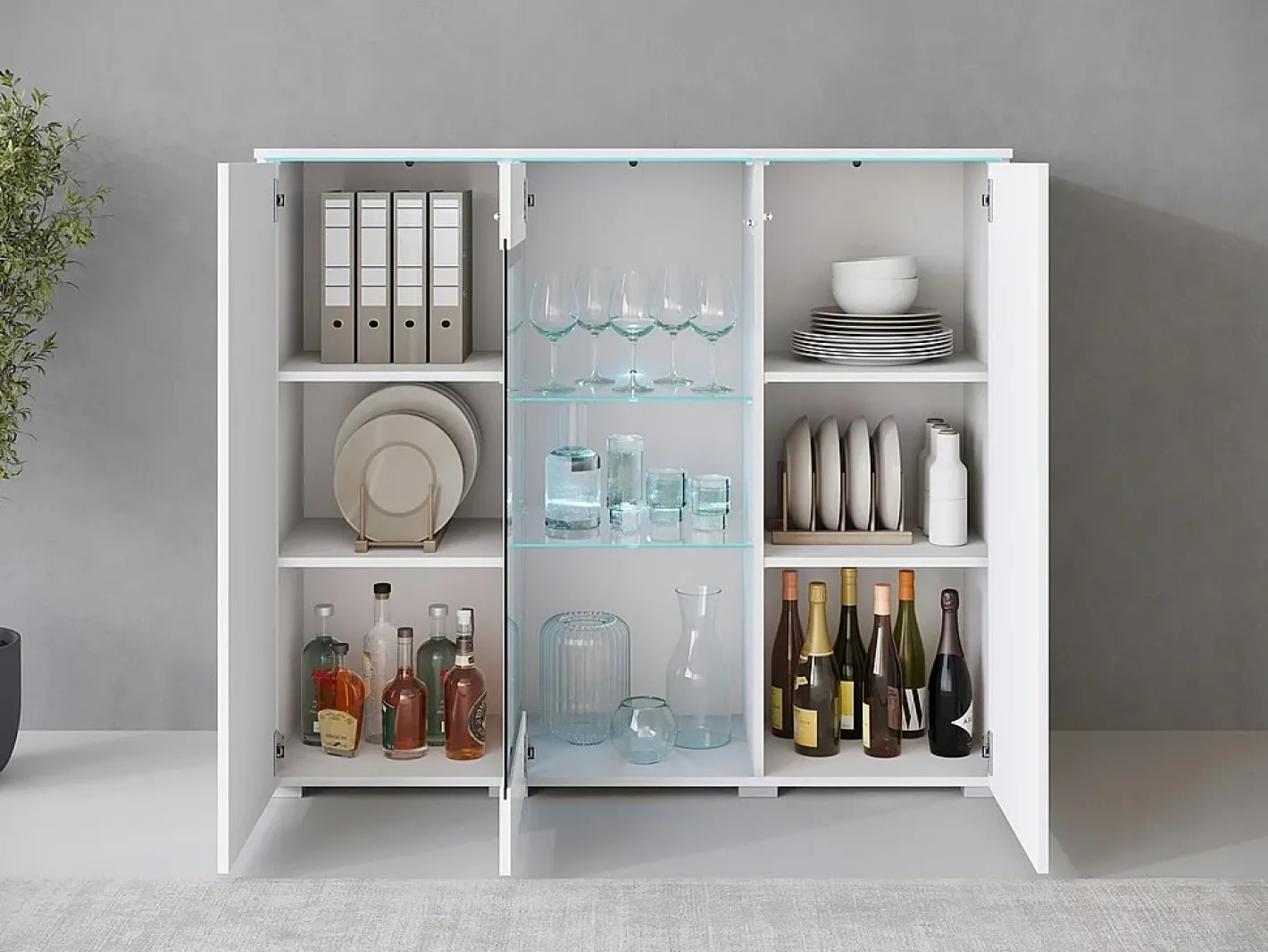 Vitrine alta moderna 120 cm para sala 3 portas corpo mate e frentes brilho Vitrina