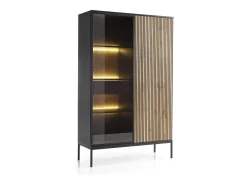Vitrine alta moderna com frente canelada, 104×166×39 cm, Preto / Carvalho Wotan* New