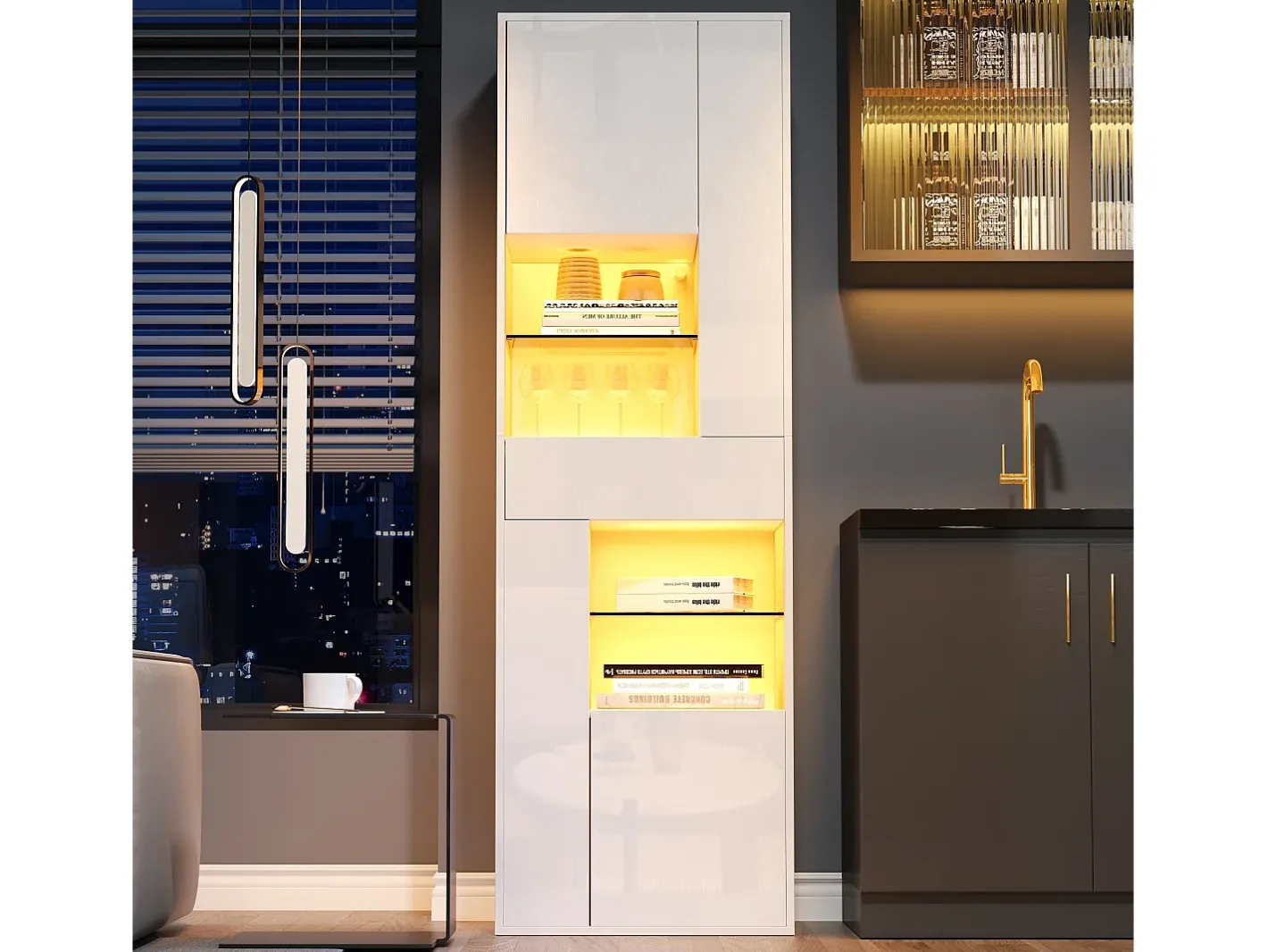 Vitrine alto brilho 55x38x170 cm - 1 gaveta e 4 portas - com iluminação LED -*ModernLuxe Clearance