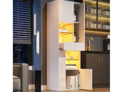 Vitrine branca com 1 gaveta, 4 portas e iluminação LED, prateleiras em vidro, 55x38x170 cm^Hauss Spole Sale