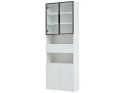 Vitrine branca com iluminação LED - Vitrine com 2 portas de vidro e 2 portas de madeira - 1 gaveta e espaço de arrumação aberto* Best