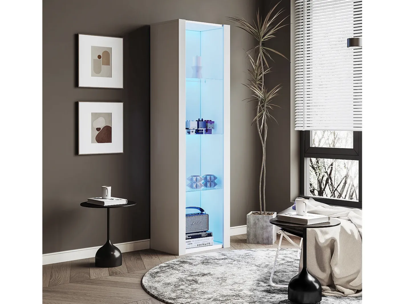 Vitrine brilhante com LEDs - 55 x 38 x 166 cm - 3 prateleiras de vidro - armários altos de armazenamento - aglomerado -^Merax Online