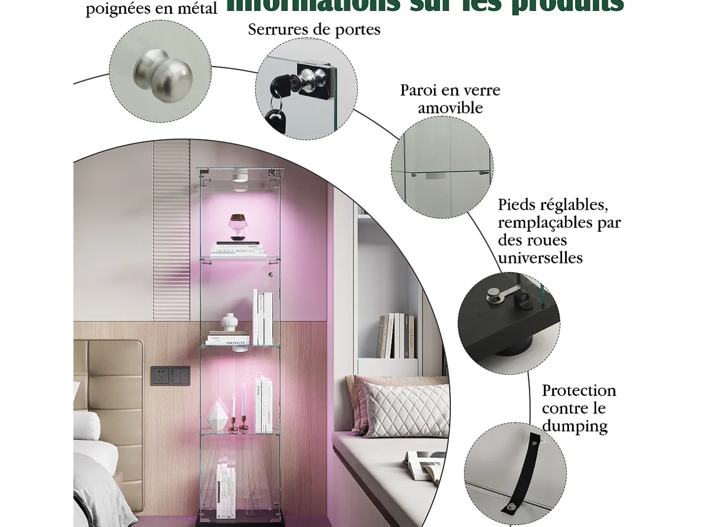 Vitrine com 5 prateleiras e portas duplas, vitrine para sala de estar* New
