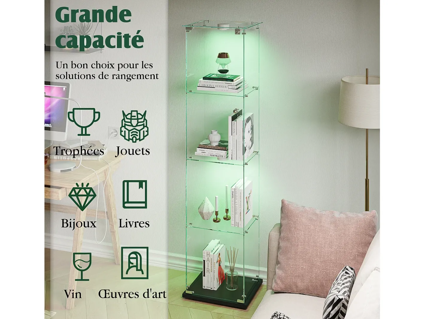 Vitrine com 5 prateleiras e portas duplas, vitrine para sala de estar* New