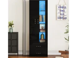 Vitrine com porta transparente - 60 x 35 x 182,5 cm - com LEDs + 2 portas + 2 gavetas - aglomerado -*Merax Discount