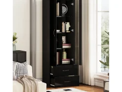 Vitrine com porta transparente - 60 x 35 x 182,5 cm - com LEDs + 2 portas + 2 gavetas - aglomerado -*Merax Discount